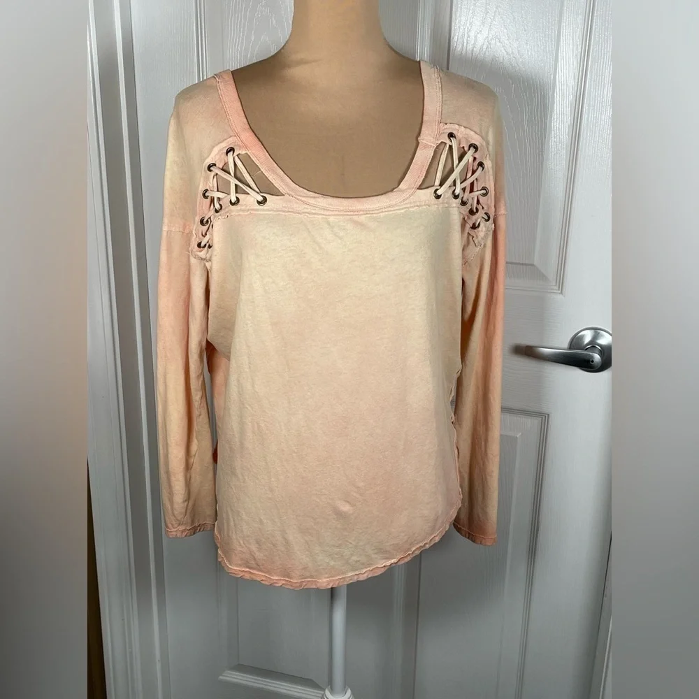 Free People We The Free First Love Lace-up Peach Linen Blend Tee Medium